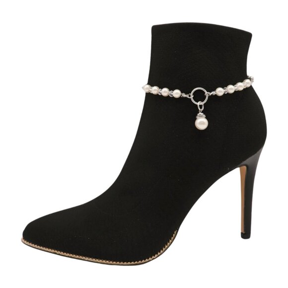 Women Silver Metal Chain Boot Bracelet Shoe SET Cream Imitation Pearl Charm PAIR - Picture 10 of 17